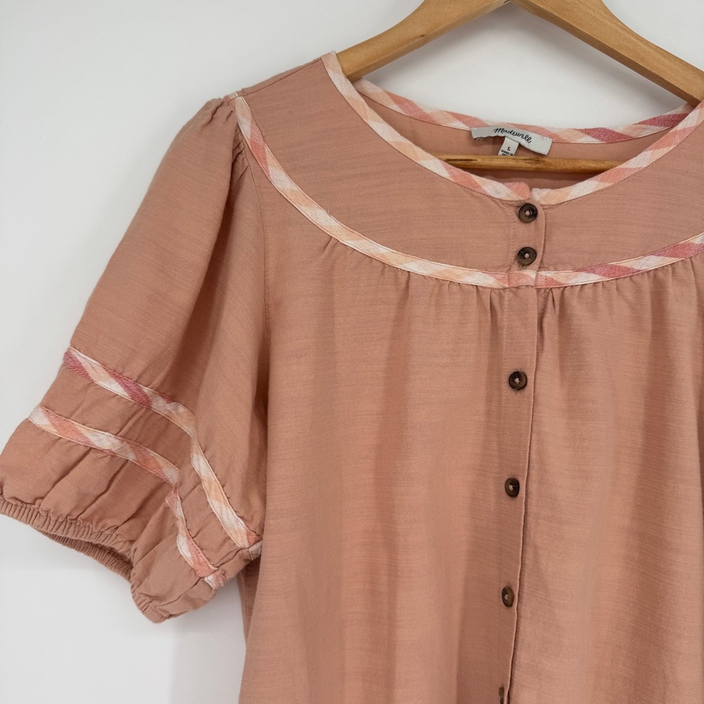 Madewell Puff Sleeve Button Front Pink Cotton Blouse L Cottagecore Boho Prairie